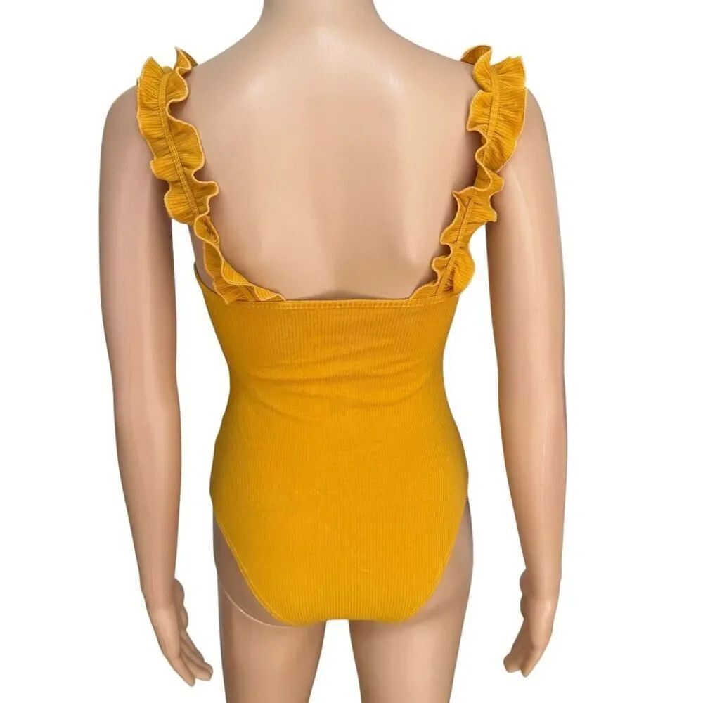 Le Lis Collection Mustard Yellow Ribbed Ruffle Strap Bodysuit Size Small - Picture 3 of 7